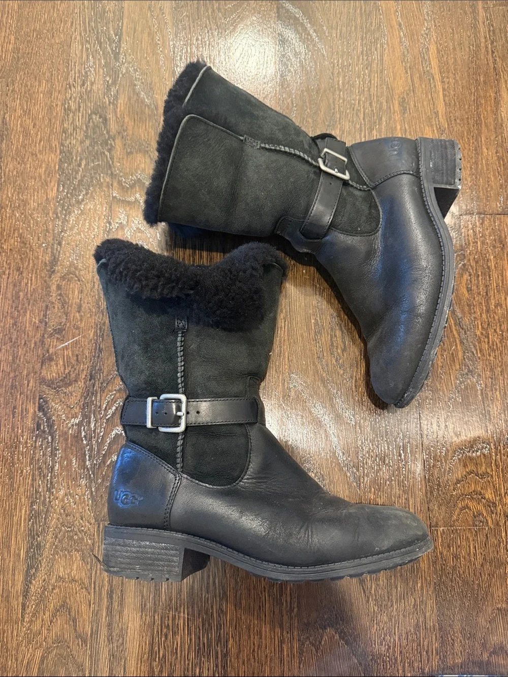 UGG Black Shearling-Trim Mid-Calf Buckle Boots